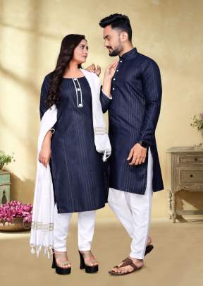 Festive Wear Pure Slub Cotton Fabric With Silver Weaving Lining Couple Collection Nevy Blue Color