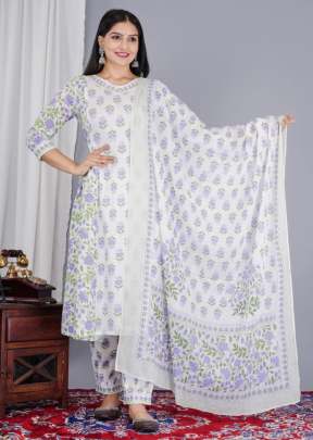 Floral  Afghani Beautiful Detailings Suit White And Lavender Color