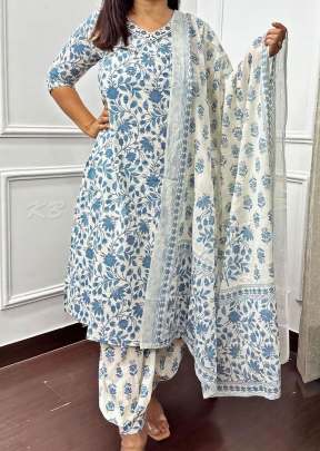 Floral  Afghani Beautiful Detailings  Suit Blue And White Color 