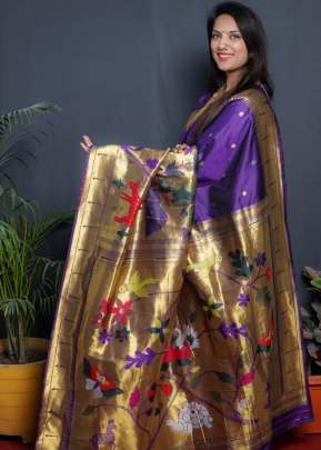 Garden Paithani Pure Silk Handloom Saree With Gold Zari Work Purple Color