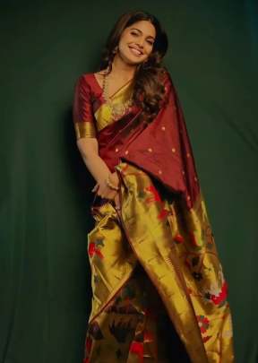 Garden Paithani Pure Silk Handloom Saree With Gold Zari Work Maroon Color