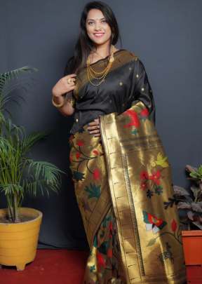 Garden Paithani Pure Silk Handloom Saree With Gold Zari Work Black Color