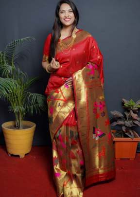 Garden Paithani Pure Silk Handloom Saree With Gold Zari Work Red Color