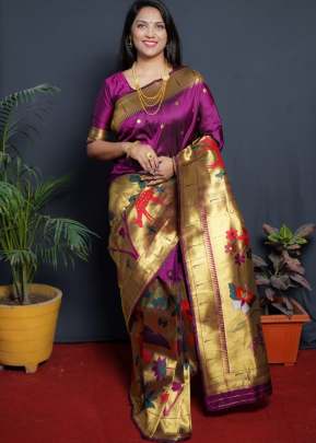 Garden Paithani Pure Silk Handloom Saree With Gold Zari Work Purple Wine Color