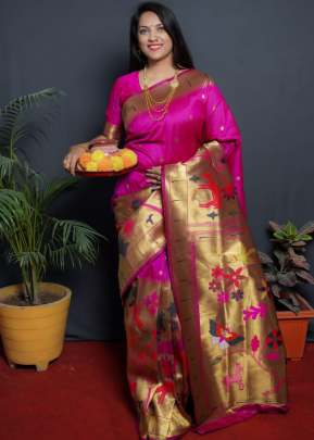 Garden Paithani Pure Silk Handloom Saree With Gold Zari Work Pink Color