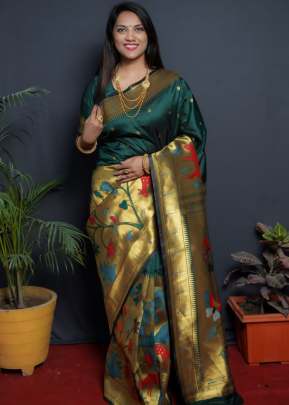 Garden Paithani Pure Silk Handloom Saree With Gold Zari Work Green Color