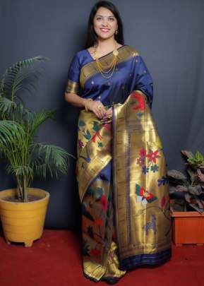 Garden Paithani Pure Silk Handloom Saree With Gold Zari Work Blue Color