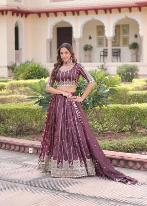 Gold Crush Lehenga Choli Dupatta Set With Sequins And Zari Embroidered Work Wine Color DN 5056