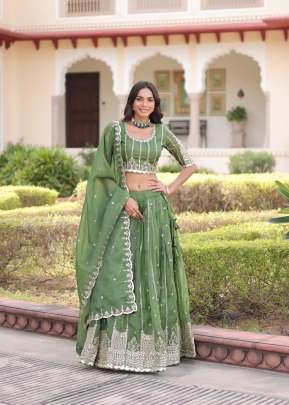 Gold Crush Lehenga Choli Dupatta Set With Sequins And Zari Embroidered Work Mehndi Color DN 5056