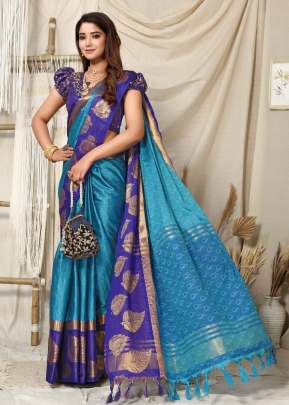 Golden Patti  Contrast Jacquard Work Rich Look Soft Cotton Silk Saree Sky And Blue Color