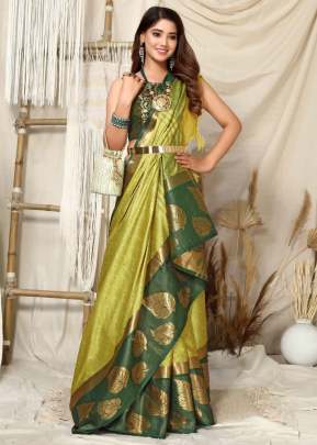 Golden Patti  Contrast Jacquard Work Rich Look Soft Cotton Silk Saree Mehndi And Green Color