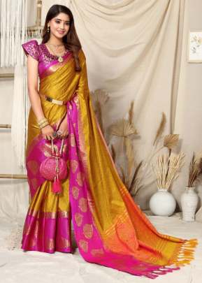 Golden Patti  Contrast Jacquard Work Rich Look Soft Cotton Silk Saree Immortelle Yellow And Pink Color