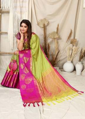 Golden Patti  Contrast Jacquard Work Rich Look Soft Cotton Silk Saree Parrot And Pink Color