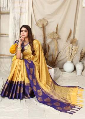 Golden Patti  Contrast Jacquard Work Rich Look Soft Cotton Silk Saree Yellow And Blue Color