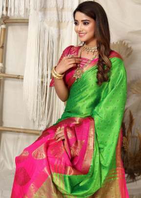 Golden Patti  Contrast Jacquard Work Rich Look Soft Cotton Silk Saree Green And Pink Color