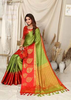 Golden Patti  Contrast Jacquard Work Rich Look Soft Cotton Silk Saree Parrot Green And Red Color