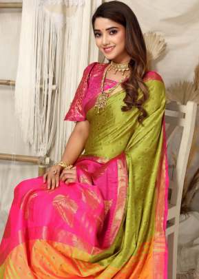 Golden Patti  Contrast Jacquard Work Rich Look Soft Cotton Silk Saree Olive Green And Pink Color