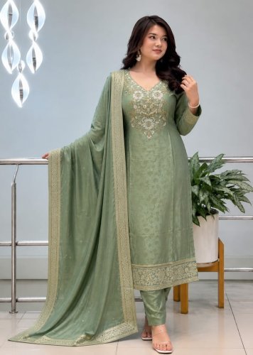 Goumati Beautiful Suit Sets in pure Malay Glass Tissue with Kanjivaram Hand Work Mint Green Color 