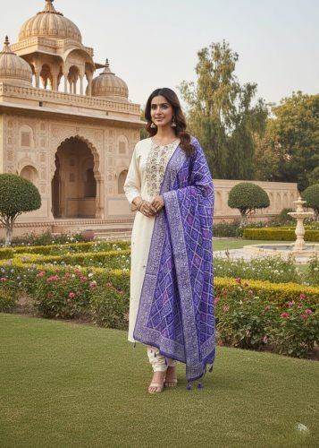 Graceful Banarasi Bandhej Banana Silk Kurti Pant Dupatta Set With Full Embroidery In White Color