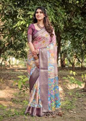 Graceful Hand-Painted Florals And Majestic Peacocks On Pure Tussar Silk Pastel Beige Color DN 1057