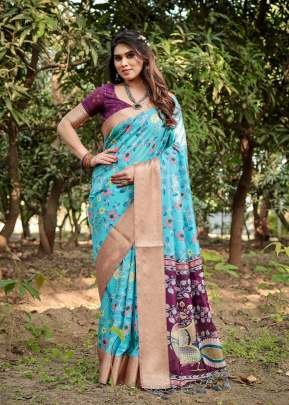 Graceful Hand-Painted Florals And Majestic Peacocks On Pure Tussar Silk Aqua Blue Color DN 1058