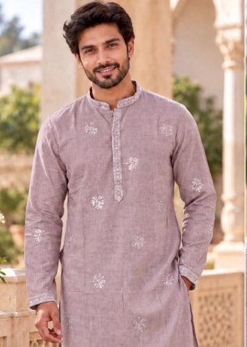 Grand Jasam 5 Exclusive Royal Heritage Premium Linen Kurta With Designer Embroidery And Sequence Work Dusty Lavender Color