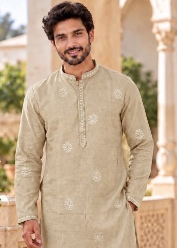 Grand Jasam 5 Exclusive Royal Heritage Premium Linen Kurta With Designer Embroidery And Sequence Work Beige Color