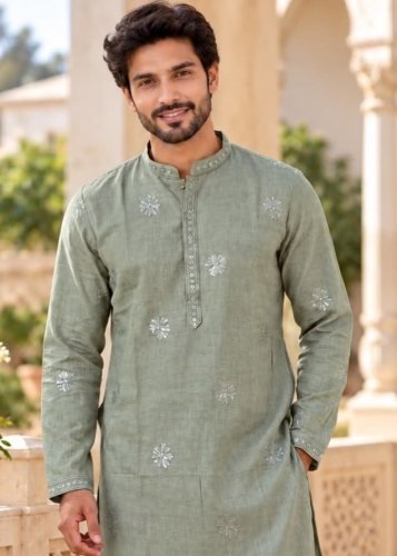 Grand Jasam 5 Exclusive Royal Heritage Premium Linen Kurta With Designer Embroidery And Sequence Work Dusty Green Color