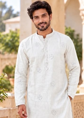 Grand Jasam 5 Exclusive Royal Heritage Premium Linen Kurta With Designer Embroidery And Sequence Work White Color