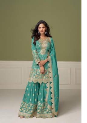 Gulkayra Designer Aleena Heavy Real Simar Blend Of Tradition And Trend Sequence Embroidery And Real Mirror Work Sea Green Color DN 7554