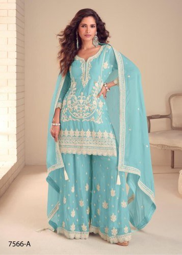 Gulkayra Designer Butterfly DN 7566 Real Chinon Silk With Embroider Sequence Work Palazzo Suit Sky Blue Color