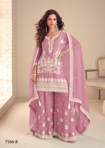 Gulkayra Designer Butterfly DN 7566 Real Chinon Silk With Embroider Sequence Work Palazzo Suit Dusty Rose Color