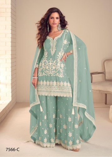 Gulkayra Designer Butterfly DN 7566 Real Chinon Silk With Embroider Sequence Work Palazzo Suit Sea Green Color