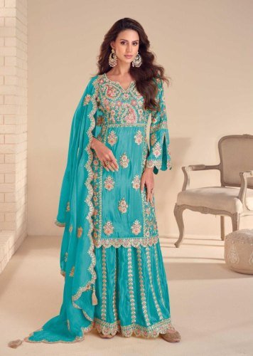 Gulkayra Designer Mariya DN 7538 Real Simar With Embroidery Work Ready Made Palazzo Suit Aqua Blue Color