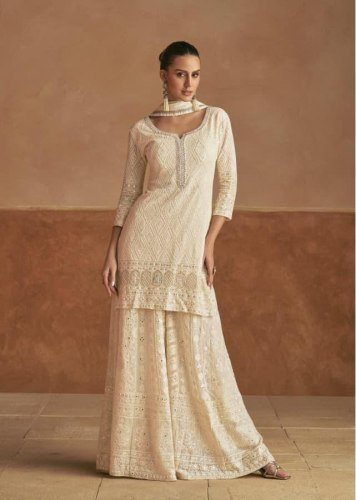 Gulkayra Designer Mastani Readymade Kurta Palazzo Dupatta Set Heavy Real Georgette Embroidery Sequence Work Cream Color DN 7535