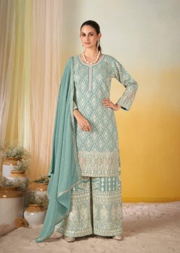 Gulkayra Designer Mastani Readymade Kurta Palazzo Dupatta Set Heavy Real Georgette Embroidery Sequence Work sea green Color DN 7536