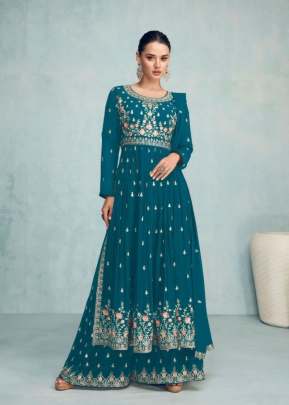 Gulkayra Designer Nayra Vol 5 Georgette Embroidered Nayra Cut Suit DN 7205 Rama Green Color