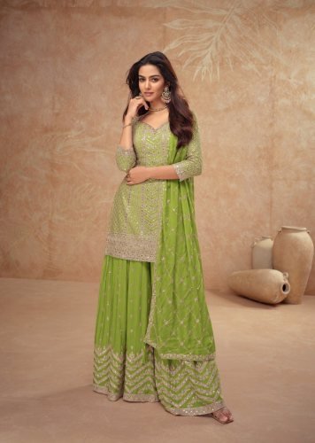 Gulkayra Designer Palak Ready Made Salwar Suit With Heavy Chinon Sequence Embroidery Work Lime Green Color DN 7518