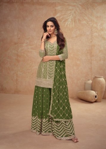 Gulkayra Designer Palak Ready Made Salwar Suit With Heavy Chinon Sequence Embroidery Work Olive Green Color DN 7518