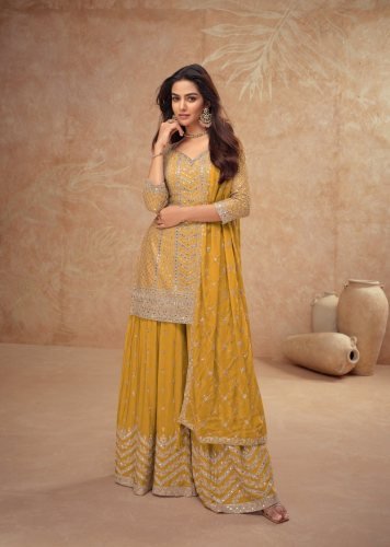 Gulkayra Designer Palak Ready Made Salwar Suit With Heavy Chinon Sequence Embroidery Work Mustard Yellow Color DN 7518