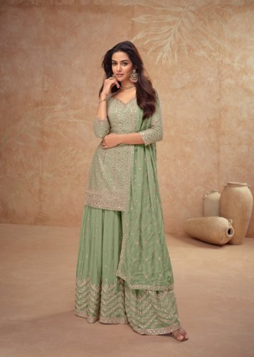 Gulkayra Designer Palak Ready Made Salwar Suit With Heavy Chinon Sequence Embroidery Work Sage Green Color DN 7518