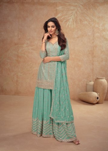 Gulkayra Designer Palak Ready Made Salwar Suit With Heavy Chinon Sequence Embroidery Work Sea Green Color DN 7518