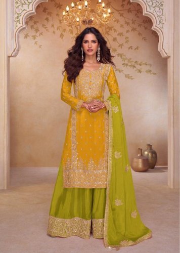 Gulkayra Designer Shagun DN 7633 Real Chinon With Embroidery And Hand Work Palazzo Ready Made Suit Mustard Yellow And Lime Green