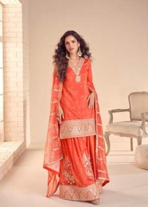 Gulkayra Designer Tisha Cosmos Silk With Embroidery Sequence And Dori Work Full Stitched Palazzo Suit Orange Color DN 7531
