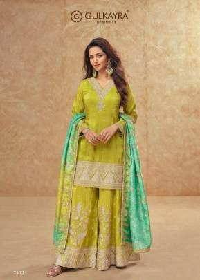 Gulkayra Designer Tisha Cosmos Silk With Embroidery Sequence And Dori Work Full Stitched Palazzo Suit Parrot Color DN 7532