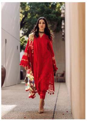 Heavy Cotton With Embroidery Work Pakistani Suit Red Color DN 152