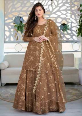 Heavy Faux Georgette With Embroidery Work Top With Lehenga Suit Brown Color DN 7477
