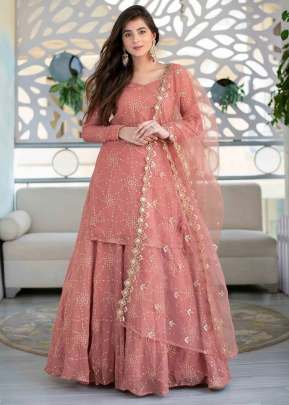 Heavy Faux Georgette With Embroidery Work Top With Lehenga Suit Peach Color DN 7477
