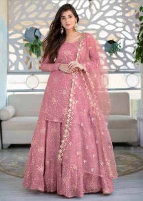 Heavy Faux Georgette With Embroidery Work Top With Lehenga Suit Pink Color DN 7477