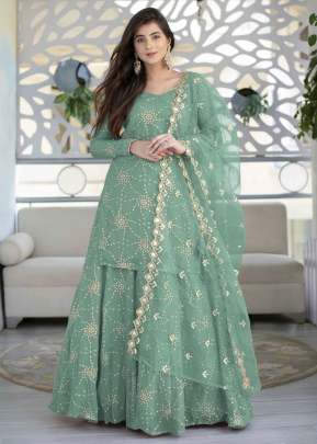 Heavy Faux Georgette With Embroidery Work Top With Lehenga Suit Light Teal Color DN 7477